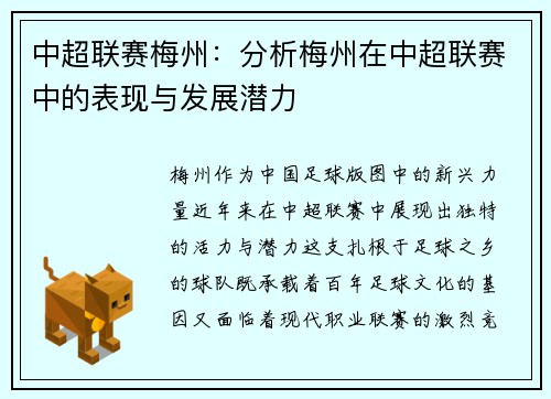 中超联赛梅州：分析梅州在中超联赛中的表现与发展潜力